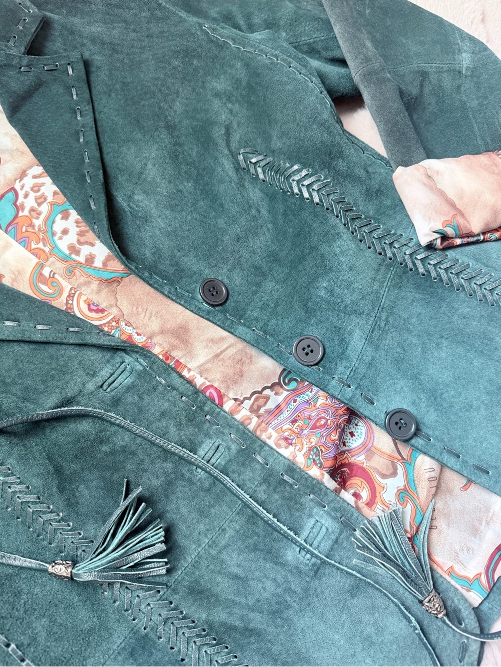 Georgiou studio boho y2k Suede Teal Blazer Jacket with Tassel Ties vintage